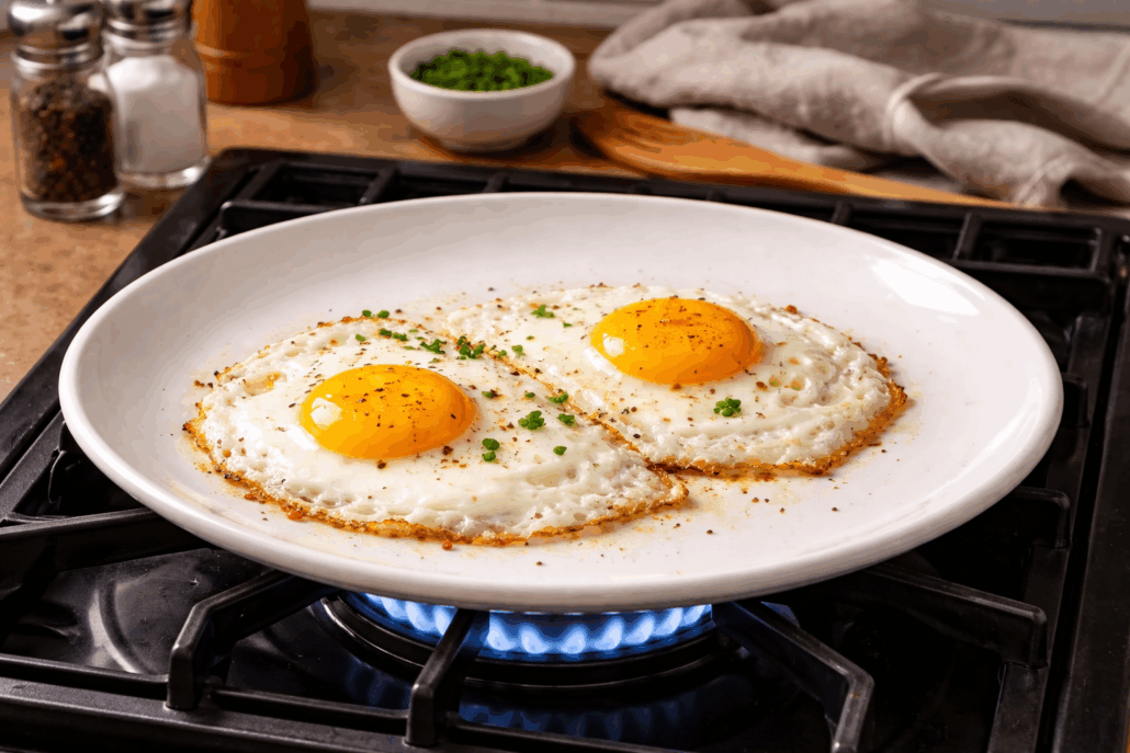 Cooking eggs on a stove.